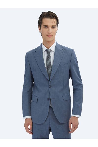 Kip Blue Striped Modern Fit Wool Blend Suit