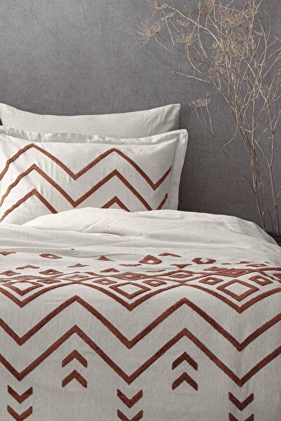 Ecocotton Talya Double Duvet Cover Set 100% Cotton Linen Poncho Embroidered Terra-beige 200x220 Cm