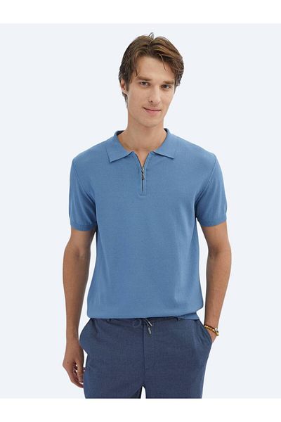 Kip Tricotaj din tricot simplu cu gât polo albastru aviator