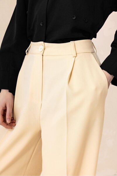 Olcay High Waist Wide Leg Palazzo Trousers Cream 7577