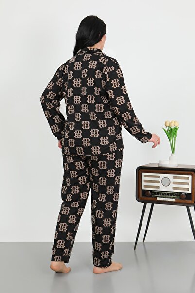 Akbeniz Women's Plus Size Cotton Pocket Buttoned Black Pajama Suit 202506