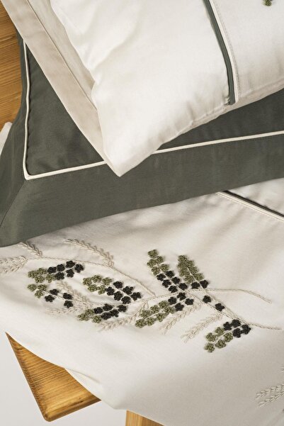 Ecocotton Deep King Size Duvet Cover Set 100% Organic Cotton Satin Hand Embroidered Green 240x220 Cm