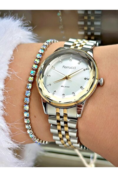 Ferrucci Ferrucci̇ Cut Glass Numbers Stones Gold Silver Metal Woman Wristwatch