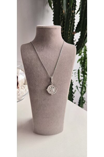 stainless steell Çelik Gümüş Renkli Pusula Model Kolye 45cm