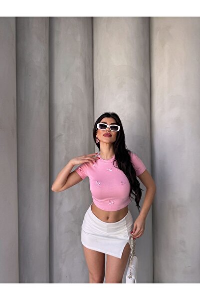 Laressi BUZİ CROP FİYONKLU KISA KOL BLUZ