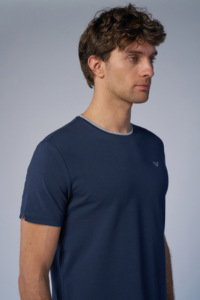 bilcee Ανδρικό μπλουζάκι από βαμβακερό μπλουζάκι με λαιμόκοψη σε μπλε ναυτικό χρώμα 2374