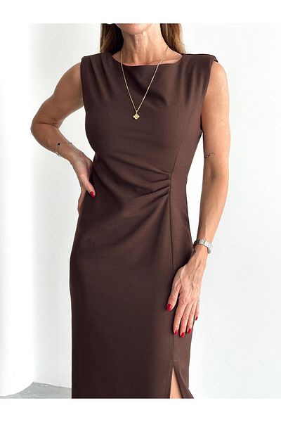 Maldia Shop Women's Waist Draped Slit Detail Padded Brown Dress