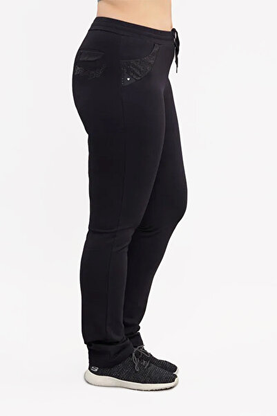 bilcee Kadın Siyah Büyük Beden Dokuma Cep Detaylı PamukPoly Eşofman Altı 6588