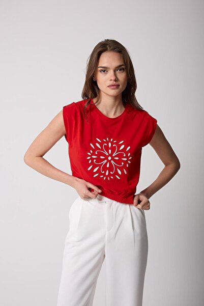 AMİDA Tricou de damă roșu cu talie elastică aspect căptușit brodat în față de...