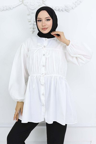 giyze Stone Buttoned Shirred Shirt Ecru