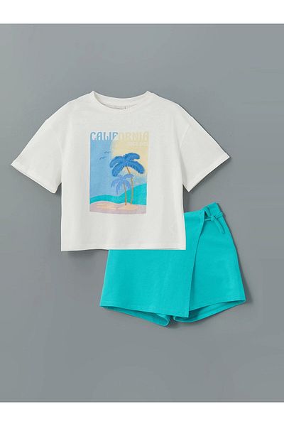 LC Waikiki Lcw Kids Ecru Crew Neck Girls T-Shirt and Shorts Skirt