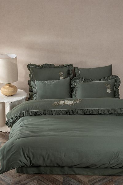 Ecocotton Vanya King Size Duvet Cover Set 100% Organic Cotton Satin Applique Embroidered Green 240x220 Cm