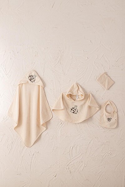 Ecocotton Lady Bug 4-Piece Baby Poncho Set 100% Organic Cotton Embroidered Ecru 0-1 Years