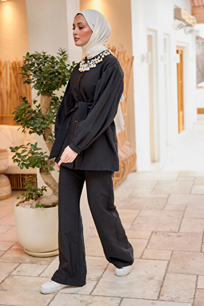 LOCCO Жіночий комплект з подвійним поясом і деталями з піле, чорний