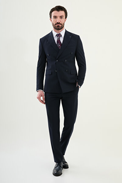 Mcr Düz Slim Fit Geniş Yaka Kruvaze Erkek Takım Elbise Lacivert - 45389.25Y
