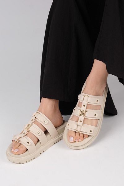 Mio Gusto Daniela Beige Color Metal Buckle Women's Slippers