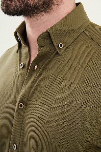 Mcr Patterned Slim Fit Long Sleeve Cotton Men's Shirt Khaki - 27058.25Y