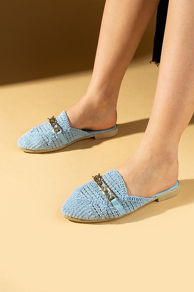 Ege's Shoes Women's Blue Lace Embroidered Buckle House Slippers Comfortable Sole Outdoor Slippers