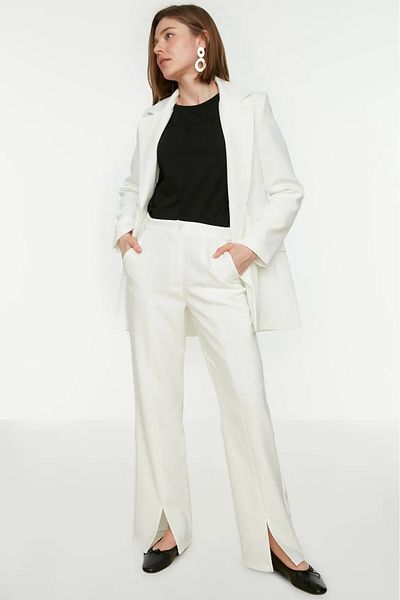 Saade Ecru High Waist Slit Detailed Pocket Trousers