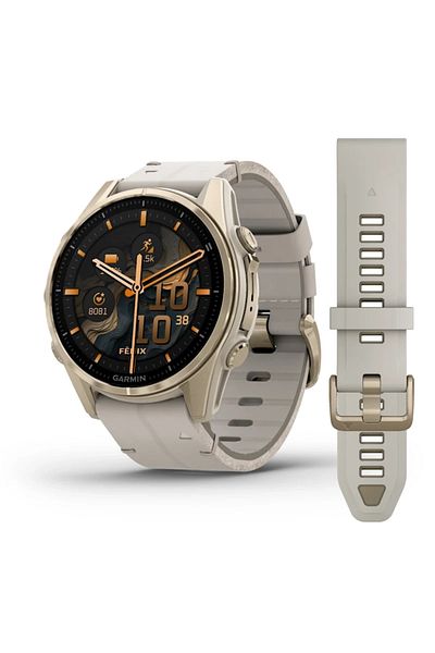 Garmin FENIX 8 - 43 MM, AMOLED, SAPPHIRE SOFT GOLD STAINLESS STEEL WITH FOG GRAY LEATHER BAND