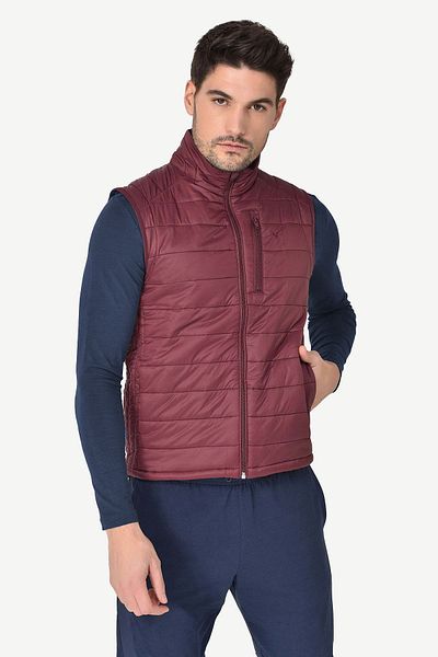 bilcee Men's Claret Red Zero Sleeve Zippered Pocket Vest 1268