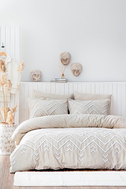 Ecocotton Talya Çift Kişilik Nevresim Takımı %100 Pamuk Keten Panç Nakışlı Kr...