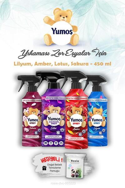 Yumoş Yumoş Sprey Lotus, Sakura, Amber ve Lilyum 450 Ml Yıkanması Zor Eşyalar ve ROSIE