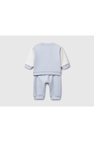 Benetton Baby White-Blue Printed Raglan Sleeve Top and Drawstring Waist Sweatpants Set