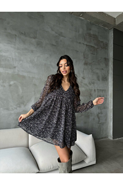 LifeisFashion Çiçek Dedenli Şifon Mini Tül Kollu Elbise Kadin Lifeisfashion