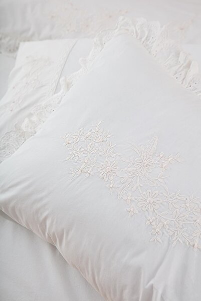 Ecocotton Elsa King Size Duvet Cover Set 100% Organic Cotton Perkal Embroidered Cream 240x220 Cm