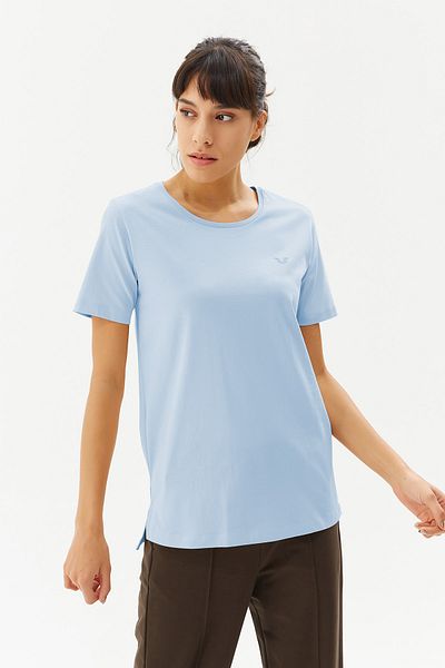 bilcee Tricou de bază cu mânecă scurtă, albastru, din bumbac, cu gâtul turn, 9242