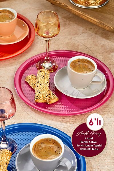 Anadolu Saray 6 Pieces Colorful Round Presentation Tray Decorative Tray Luxury Plastic Colorful Coffee Serving Presentation Tray