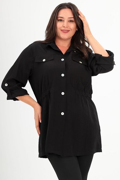 Metpoint Trend42Plus Large Size Black Trench Coat with Shoulder Epaulettes and Pocket Cover
