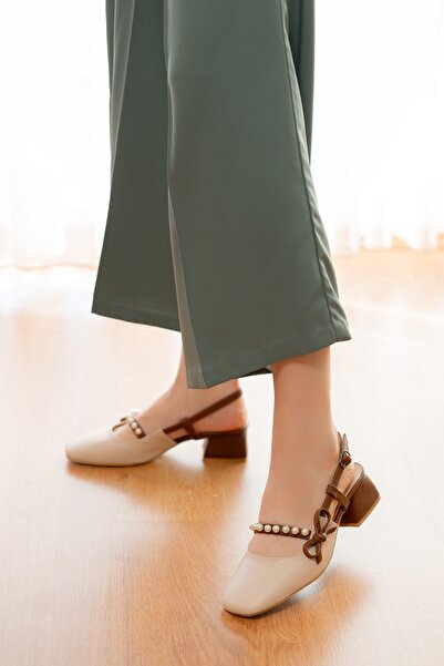 DİVOLYA Melody béžové hnědé boty s mašlí a perleťovým detailem (4 cm podpatek) pro každodenní nošení