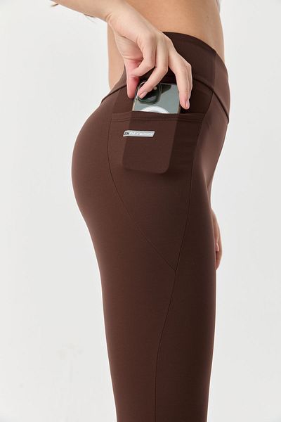 bilcee Colanți sport pentru femei, maro, cu talie înaltă, din lycra, cu buzunare, 9726