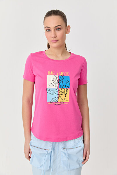 bilcee Women's Fuchsia Cotton Printed Crew Neck T-Shirt 9749