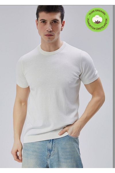 Trist Star Men's Ecru 100% Cotton Crew Neck Short Sleeve Knitwear Sweater Trist-7106