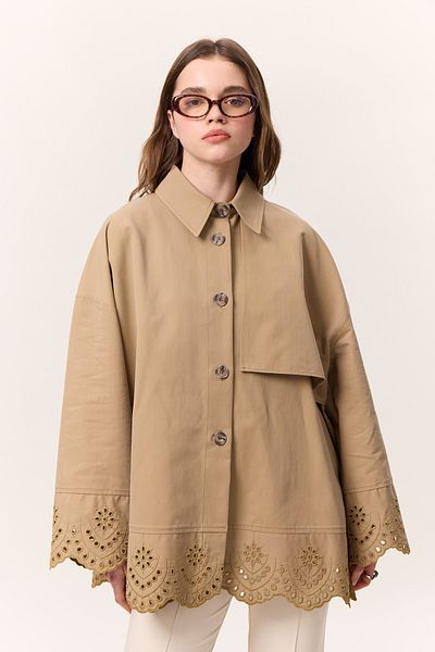 Manuka Design Trench Coat with Embroidery Detail Camel