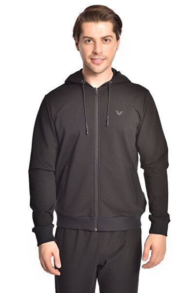 bilcee Erkek Siyah Kapüşonlu Cebi Fermuarlı Spor Alt Üst Eşofman Takımı 8769