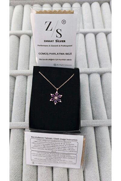 Zanaatsilver 925 Ayar Gümüş Zincirli Ametist Taşlı Rose Kaplama Lotus Kamelya Çiçeği Kolye
