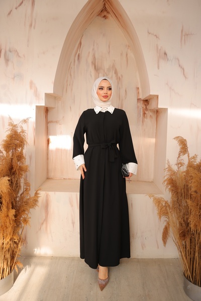 Esre Store 4504 - Φόρεμα Τεσεττούρ με πέτρινη λεπτομέρεια, μαύρο