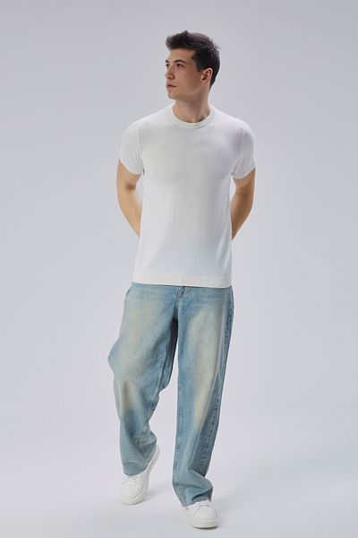Trist Star Men's Ecru 100% Cotton Crew Neck Short Sleeve Knitwear Sweater Trist-7106
