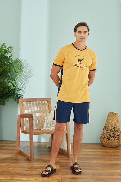 Sevim Men'S, Mustard-Navy Blue, 100% Cotton, T-Shirt Shorts Set/ Home Wear