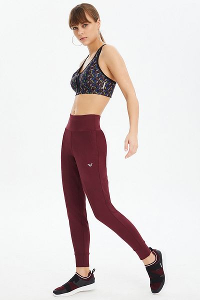 bilcee Pantaloni de jogging pentru femei în formă de burgundă cu elastic și Lycra - talie înaltă, buzunare, jambiere sport casual 0676