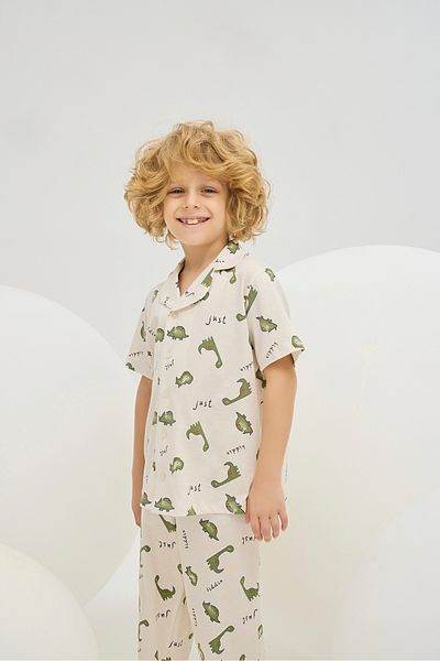 Sevim Boy's Pajamas 100% Cotton, Dinosaur Pattern, Front Buttoned