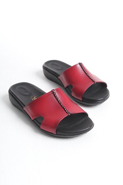 ALPELLİByAlp Orthopedic Leather Sole Heel Spur Supported Daily Red Slippers