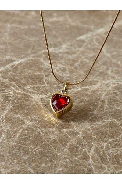 Reorah Collection Zircon Stone Steel Red Heart Necklace