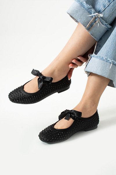 Neva'nın Butiği Aria Ribbon Tied Stone Detailed Women's Ballerinas