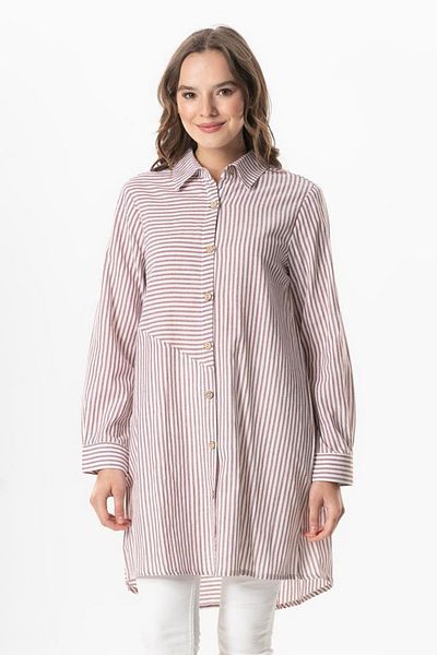 Eliş Şile Bezi Long Sleeve Şile Cloth, Unflowing Seasonal Shirt and Burgundy Striped Brdbyz