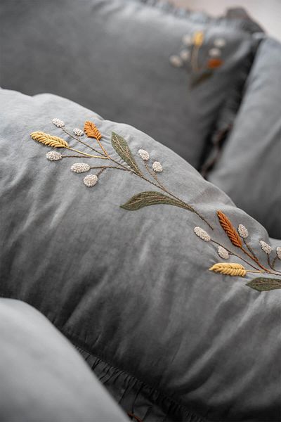 Ecocotton Farah King Size Duvet Cover Set 100% Organic Cotton Satin Piece Paint Hand Embroidered Anthracite 240x220 Cm